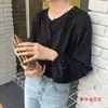 Camisa de chiffon vintage coreana Dongdaemun estilo francês com estampa de bolinhas e mangas bufantes, top de corte solto para mulheres
