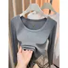 Novedades de Otoño Camiseta de Manga Larga con Hombro Normal y Cuello Grande en U para Mujer Corte Ajustado Estilo Commuter Base Verde Diseño con Sentido Top de Nicho