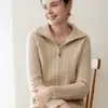 Cardigã de cashmere 100% puro com zíper, gola semi-alta, suéter de tricô de inverno com padrão trançado, suéter casual, espessado para outono e inverno