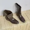 2026 Tendencia Otoño Invierno Nuevas Botas de Moda con Puntera Redonda, Hebilla de Cuero con Remaches, Plegables, para Mujer, Adelgazantes, Tacón Grueso, Botines