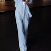 Traje Azul de Moda Estilo Dinero Antiguo para Mujer Primavera y Verano Nuevo Camisa Relajada de Manga Larga Pantalones de Pierna Ancha Conjunto de Dos Piezas de Algodón y Lino