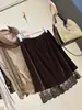 Falda midi de terciopelo con ribete de encaje retro para mujer, nuevo estilo de otoño, línea A adelgazante, juvenil y elegante, que se ajusta a la cadera