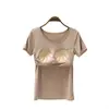 Camiseta de Manga Corta con Almohadillas en el Pecho para Mujer, Ropa de Casa de Verano, Lencería sin Sujetador, Copa de Sujetador, Todo en Uno, Sin Aro de Metal, Se Puede Usar Afuera