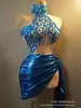 Vestido Strapless Fashion e Sexy com Corrente de Strass Cincha-Cintura Conjunto de Saia Curta para Bar, Boate, Performance, Desfile e Festa Dançante