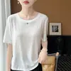 Camiseta versátil de color liso para mujer, de manga corta, ajuste holgado y ceñido, tejido simple de seda de bambú con cuello redondo, top ligero y transpirable para el verano
