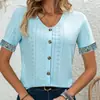 Moda Femenina Transfronteriza Primavera/Verano 2025 Estación Independiente de Amazon Europea y Americana Nueva Camiseta Jacquard Hueco Cuello en V Botón Encaje Patchwork