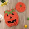 Roupas infantis europeias e americanas Halloween Infantil fofo gola redonda sem mangas abóbora triângulo bainha macacão terno de três peças