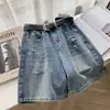 Shorts de Mezclilla Rasgados para Mujer, Estilo Delgado de Verano, Tallas Grandes, que Cubren la Cadera, Pantalones de Cinco Puntos de Pierna Ancha Adelgazantes para Cuerpo con Forma de Pera