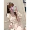 En stock rosa niebla meteoro dulce y claro estilo encaje ribeteado gasa tirantes vestido falda corta conjunto de outerwear corto