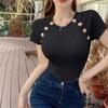 Camiseta de manga corta para mujer, verano, diseño francés con cuello en V, sentido de diseño, nicho, único, chic, top corto a rayas de manga media, estilo dos piezas falsas