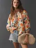 Camisa Floral Bohemia Popular Europea y Americana de Siete Mangas para Mujer, Cuello Mao Pequeño, Mangas Abullonadas Sueltas, Top Casual Ligero