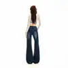 Jeans para mujer transfronterizos, ligeramente acampanados, estilo americano, de doble botón, tiro bajo, lavado azul grisáceo oscuro, pantalones largos, azul grisáceo oscuro, longitud extendida, Yichun
