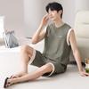 [Algodão puro] Pijama masculino de verão, colete, shorts, fino, sem mangas, tamanho grande, roupas de verão para casa, terno, estilo vermelho da Internet