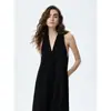 Elegante vestido sem mangas com decote V e gola halter, comprimento longo acima do joelho, plus size, modelador, estiloso, vestido longo sem costas