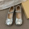 Sapatos femininos casuais de couro bovino com bico redondo, estilo coreano, sapatos baixos, salto baixo, sapatos de princesa com strass, sapatos de noite