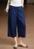 Calças Femininas de Verão Confortáveis Pantalonas Cropped Respiráveis Algodão Linho Cintura Elástica Soltas Modeladoras Artísticas Retrô Casuais