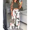 Roupas Femininas Europeias e Americanas Amazon Aliexpress Site Independente Estilo Elegante Conjunto de Calça Estampada Duas Peças Manga Curta para Mulheres Leve
