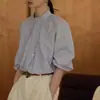 Miu camisa blusa de manga larga con volantes y cuello alto de cuadros azules cuadros azules cuadros blancos spandex