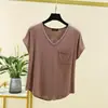 Camiseta Feminina de Manga Curta com Decote V em Modal para o Verão, Nova, Cor Sólida, Solta, Emagrecedora, Fina, com Bolso, Camisa Básica Top