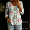 Nova camisa feminina de manga comprida com botões e gola V estampada transfronteiriça, elegante e estilosa para o trabalho, top casual único e moderno