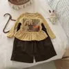 Conjunto Doce para Meninas Pequenas, Estampa de Coelho em Desenho Animado, Roupa de Primavera e Outono com Blusa de Manga Longa com Babados e Calça de Perna Larga, Doce Conjunto de Duas Peças