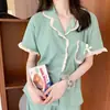 Pijama de Encaje de Alta Gama para Mujer con Pantalones Cortos, Cardigan Fino de Primavera, Otoño y Verano, Traje Sencillo Retro Verde para el Hogar