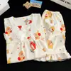 Pijama de Algodón para Niños Niñas Verano Encaje Cuello Cuadrado Pulóver Estampado de Dibujos Animados Estilo Coreano Suelto Lindo Conjunto