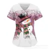 Camiseta de Manga Corta con Estampado de Dibujos Animados Navideños y Cuello en V Uniforme de Enfermera Camiseta con Estampado de Copos de Nieve Lindos y Atmósfera Navideña Uniforme de Enfermera