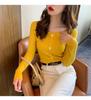 Camisa de cuello cuadrado para mujer, ropa de primavera y otoño 2021, nueva moda adelgazante, top de punto, suéter ajustado de manga larga