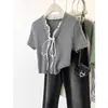 Verão Novo Estilo Gravata Borboleta Unilateral Slim-Fit Curto Tricô Camiseta Top com Gravata Borboleta Tricô Manga Curta