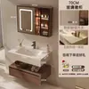 2026 Nuevo Modelo Gabinete de Baño de Madera de Nogal y Cerámica con Lavabo de Placa de Roca Integrado Curvado en Caliente Tocador en Nuevo Estilo Chino