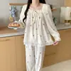 Outono Novo Estilo Coreano Simples Estilo Ins Design Plissado Gola Quadrada Algodão Nuvem Manga Longa Calças Conjunto de Roupa para Casa