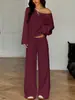 Comercio Exterior Transfronterizo Estilo Europeo y Americano Top de Manga Larga de un Hombro Descubierto Pantalones de Pierna Ancha Largos Conjunto Casual Sexy para Mujer