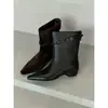 Versión de cuero ~ Nuevas botas cortas de estilo retro europeo y americano con punta fina, hebilla, tacón grueso adelgazante, cremallera trasera para mujer