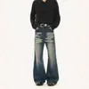 Calça Jeans Flare Lavada Estilo Retrô Americano Emagrecedora para o Trabalho, Desgastada com Bigodes, Calça Reta Solta Versátil para Primavera e Outono para Homens
