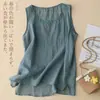 Top de tirantes de verano para mujer, talla grande, corte holgado, casual, lino, sin mangas, con bordado de encaje, top de algodón y lino