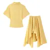 Atacado de fabricante transfronteiriço de roupas femininas 2026 novo conjunto de verão estilo europeu e americano: top de manga curta com gola semi-alta e saia midi de cintura alta