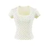 Camiseta Crop Top Ajustada de Verano para Chica Picante, Cuello Profundo en U, Manga Corta, que Expone la Clavícula, Elástica, con Lunares