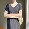 Vestido liso de color sólido con cuello en V delantero y trasero para mujer, vestido largo de punto por encima de la rodilla para ir al trabajo, estilo seda de hielo fino