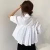 Camisa Top de Verano Chic Coreano Suave Leche Azul Claro Solapa Dobladillo Plisado Discreto Espalda Holgada Manga Corta
