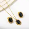 Pendientes y Collar con Piedra Ojo de Gato Ovalada Minimalista de Tendencia Europea y Americana Acero Inoxidable Juego de Joyería de Alta Gama Venta al por Mayor