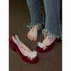 Zapatos de Tacón Alto para Mujer 2025 Nuevos Rojos Zapatos de Boda Novia Flores Hermoso Traje Xiuhe Vestido de Boda Dos Formas de Usar Punta Redonda Tacones Gruesos