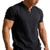 Camiseta de Manga Corta para Hombre de Estilo Chino de Verano, Cuello en V, Algodón y Lino, para Hombres Jóvenes, Delgada, Ajustada, Color Sólido, Pulóver de Dos Botones para Hombre