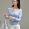Camiseta feminina de algodão penteado 40 fios, gola redonda grande, manga longa, novo estilo outono 2026, ombro normal, caimento justo, peça básica versátil