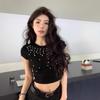 Camiseta de Manga Corta Brillante con Pedrería Estilo Chica Sexy Caliente de Verano para Mujer con un Diseño Elegante y Corte Cropped