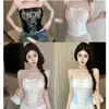 2034 # Top tubo de encaje con lazo y retazos en la espalda para mujer con copas, corte ajustado y sexy
