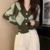Suéter Cárdigan Coreano Dongdaemun de Punto con Cuello en V y Diseño de Rombos para Mujer, Nuevo de Otoño, Estilo Perezoso Corto