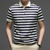 Camisa Polo Listrada de Seda de Gelo com Toque Fresco, Camiseta Masculina de Algodão Puro de Manga Curta, Moderna de Caimento Solto com Estampa de Abacaxi, Roupa Masculina de Verão