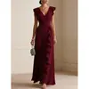Comercio Exterior Transfronterizo Sitio Independiente de Ropa para Mujer Amazon Color Sólido Plisado Manga Corta Cuello en V Volante Vestido Largo Vestido de Gala