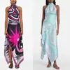 Conjunto de Dos Piezas para Mujer Estilo Europeo y Americano Transfronterizo 2026 Amazon: Top Halter con Estampado de Satén sin Espalda y Falda